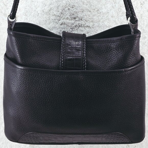 BRIGHTON Black Pebble and Black Croc Embossed Leather Shoulder Bag Braided Strap - Picture 6 of 16